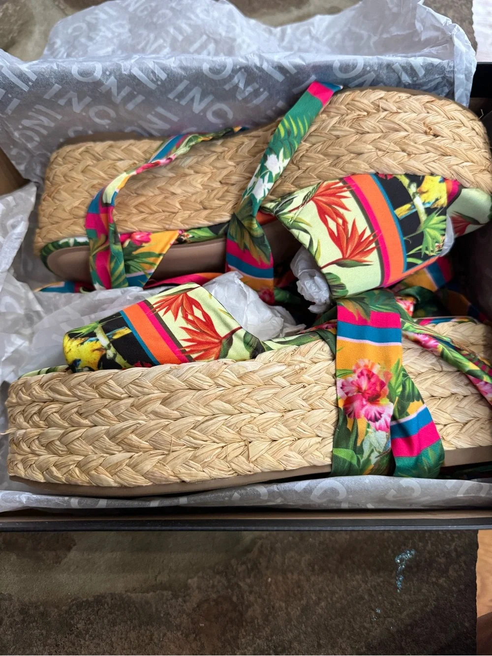 INC Fletcherr Tropical Print Espadrille Platform Sandals - Green pink red Multi